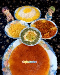 برنج و خورشت قیمه با ته دیگ سیب زمینی زعفرونی و چیپس خلالی خانگی