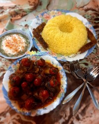 برنج و کباب تابه ای و بقچه بادمجان