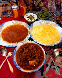 برنج و خورشت لوبیا سبز، با ته چین